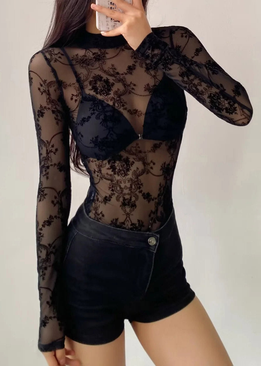 Boho Black Sheer Floral Solid Tulle Bodysuit