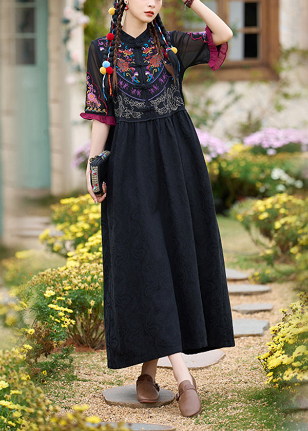Boho Black Stand Collar Embroidered Cotton Two Pieces Set Summer