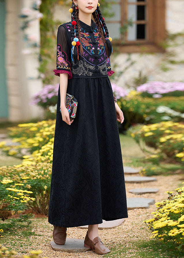 Boho Black Stand Collar Embroidered Cotton Two Pieces Set Summer