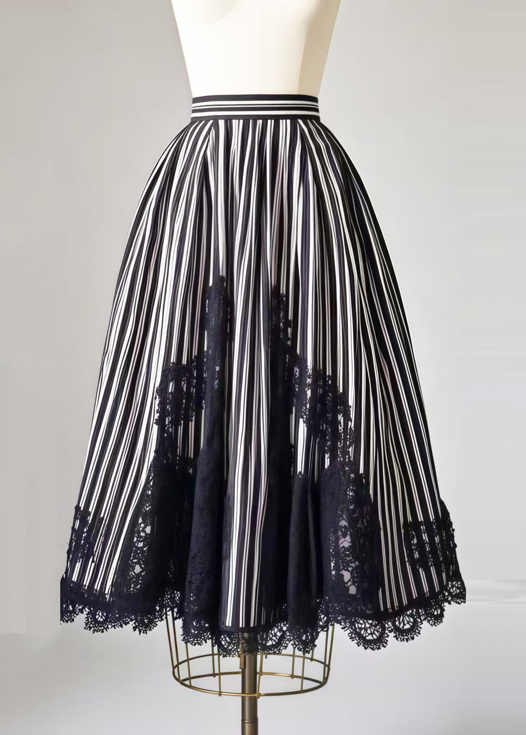 Boho Black Striped Patchwork Lace Exra Large Hem Skirt Summer