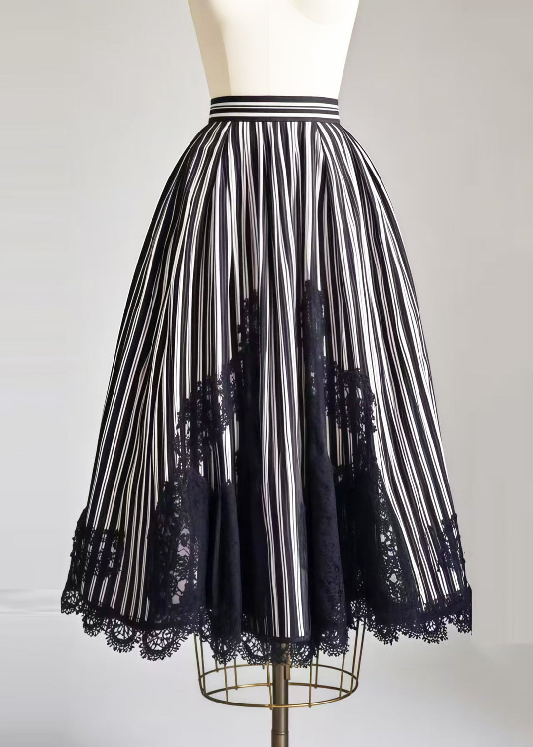 Boho Black Striped Patchwork Lace Exra Large Hem Skirt Summer