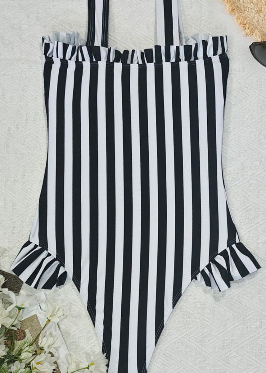 Boho Black Striped Patchwork Tie Lace Bodysuit Swimwear