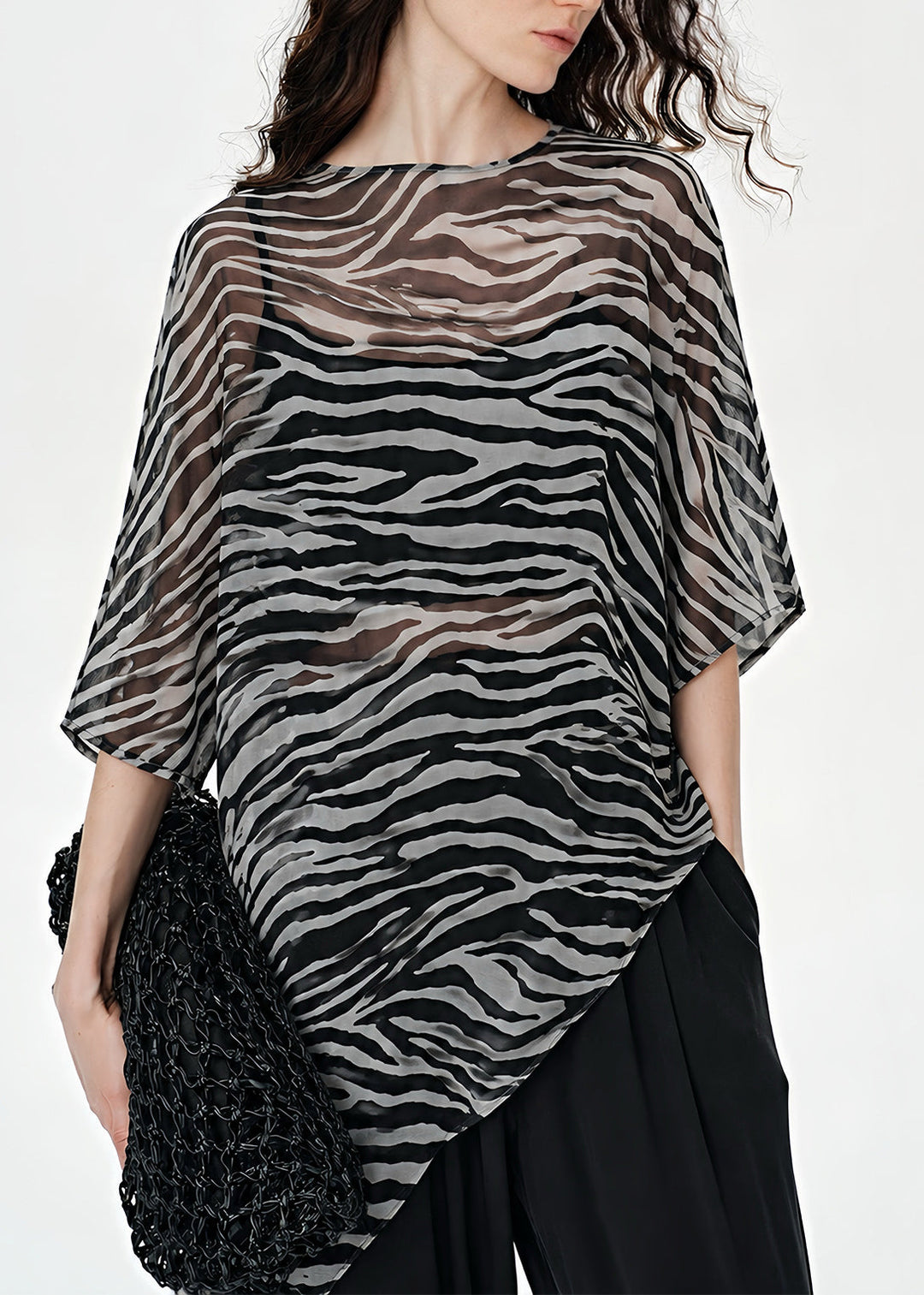 Boho Black Zebra Pattern Asymmetrical Sheer Silk Top Summer
