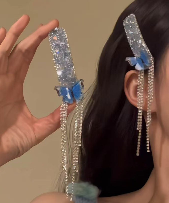 Boho Blue Alloy Zircon Butterfly Tassel A Pair Hairpin