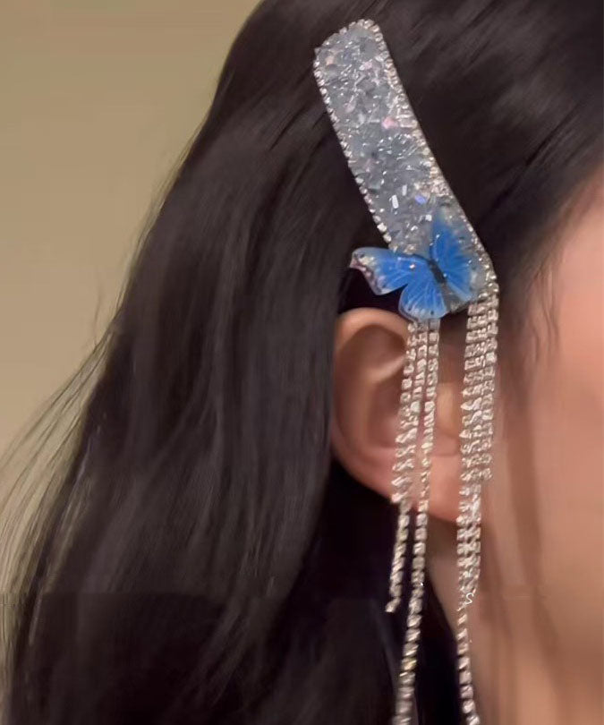 Boho Blue Alloy Zircon Butterfly Tassel A Pair Hairpin