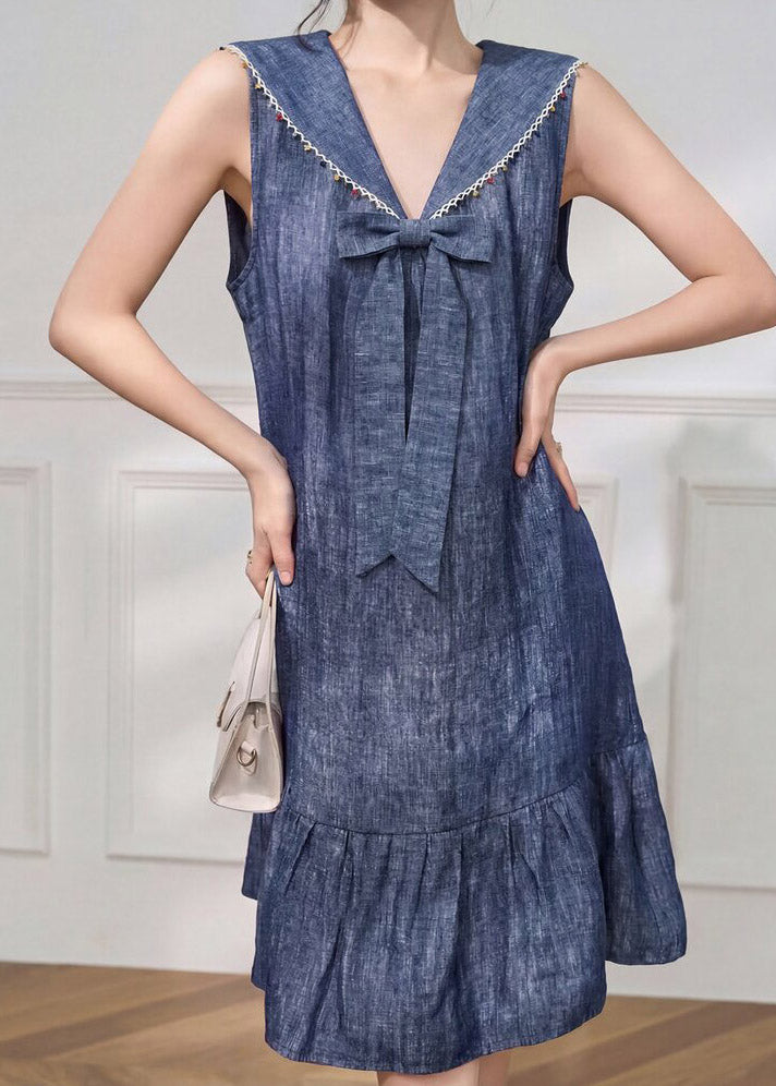 Boho Blue Bow Linen Maxi Dresses Sleeveless