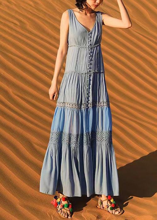 Boho Blue Button Hollow Out Cotton Long Dress Sleeveless