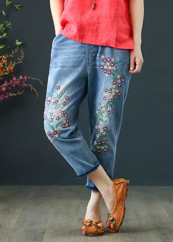 Boho Blue Embroidered Denim Crop Pants Summer