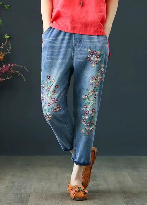 Boho Blue Embroidered Denim Crop Pants Summer