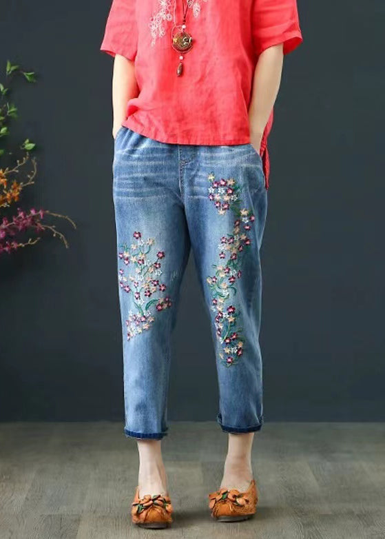 Boho Blue Embroidered Denim Crop Pants Summer