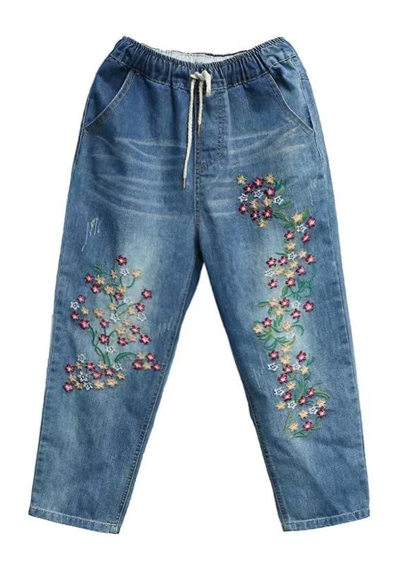 Boho Blue Embroidered Denim Crop Pants Summer