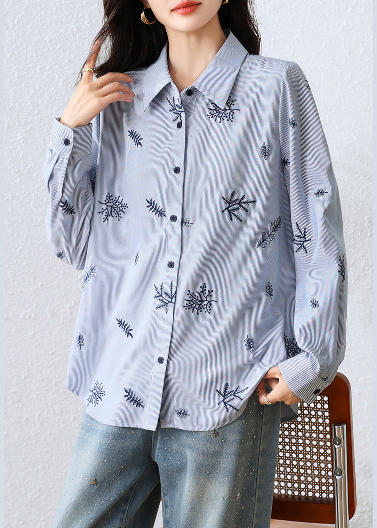 Boho Blue Embroidered Striped Cotton Top Fall