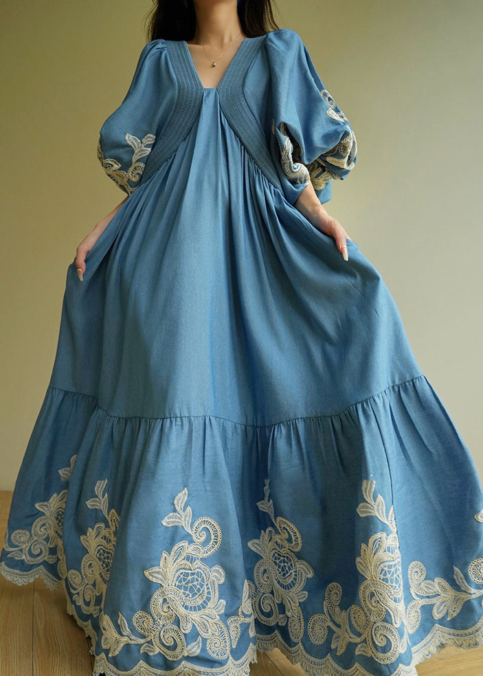 Boho Blue Embroidered Vacation Maxi Dresses Summer