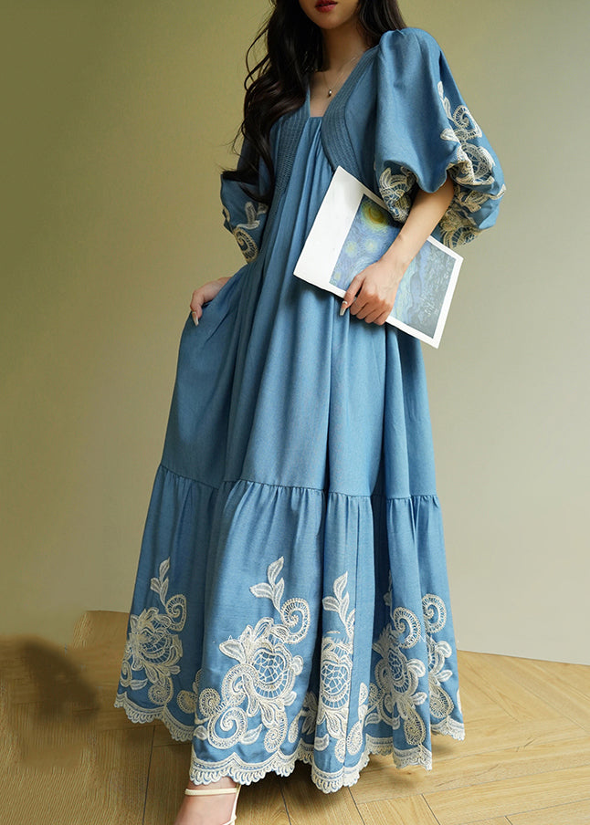 Boho Blue Embroidered Vacation Maxi Dresses Summer