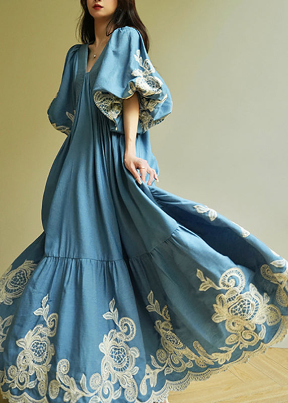 Boho Blue Embroidered Vacation Maxi Dresses Summer