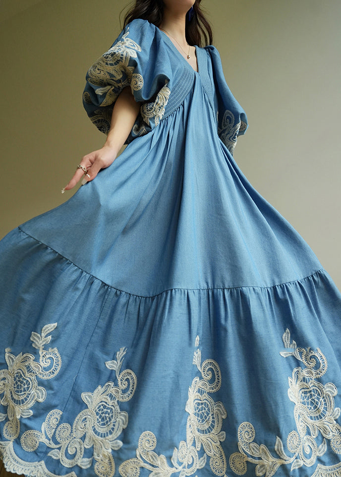 Boho Blue Embroidered Vacation Maxi Dresses Summer