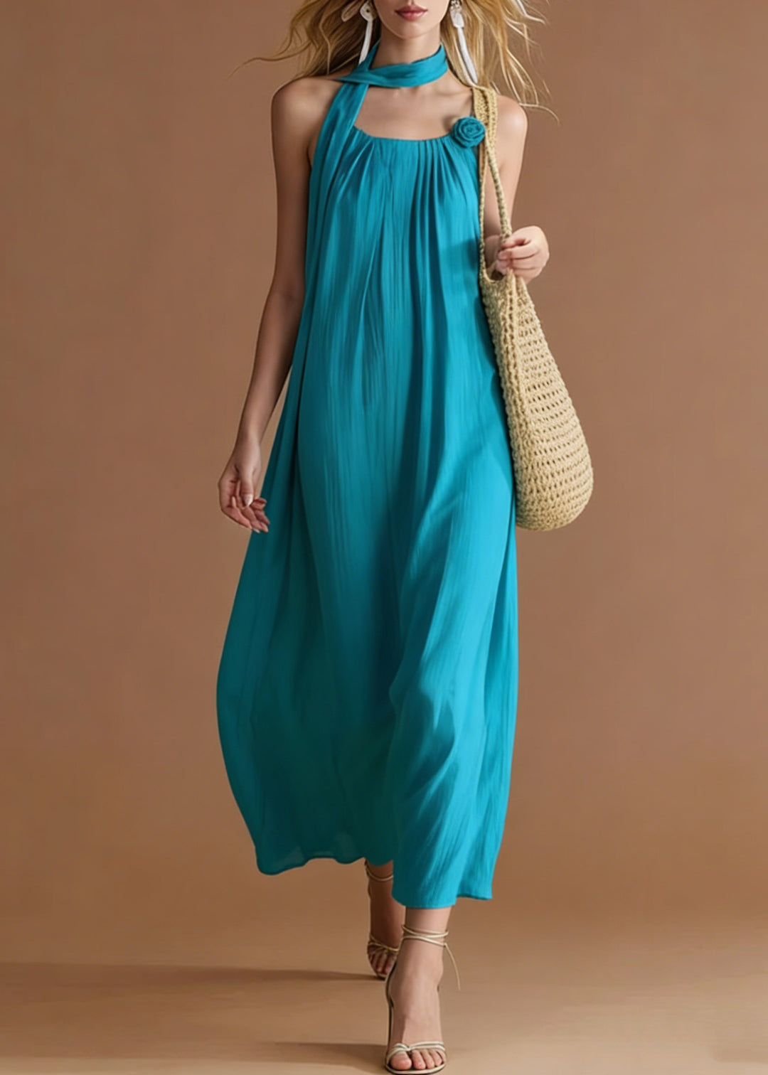 Boho Blue Floral Decorated Cotton Cami Dress Summer