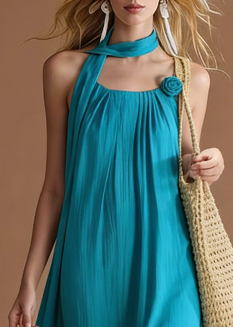 Boho Blue Floral Decorated Cotton Cami Dress Summer