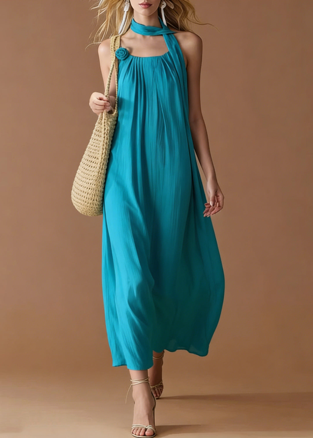 Boho Blue Floral Decorated Cotton Cami Dress Summer