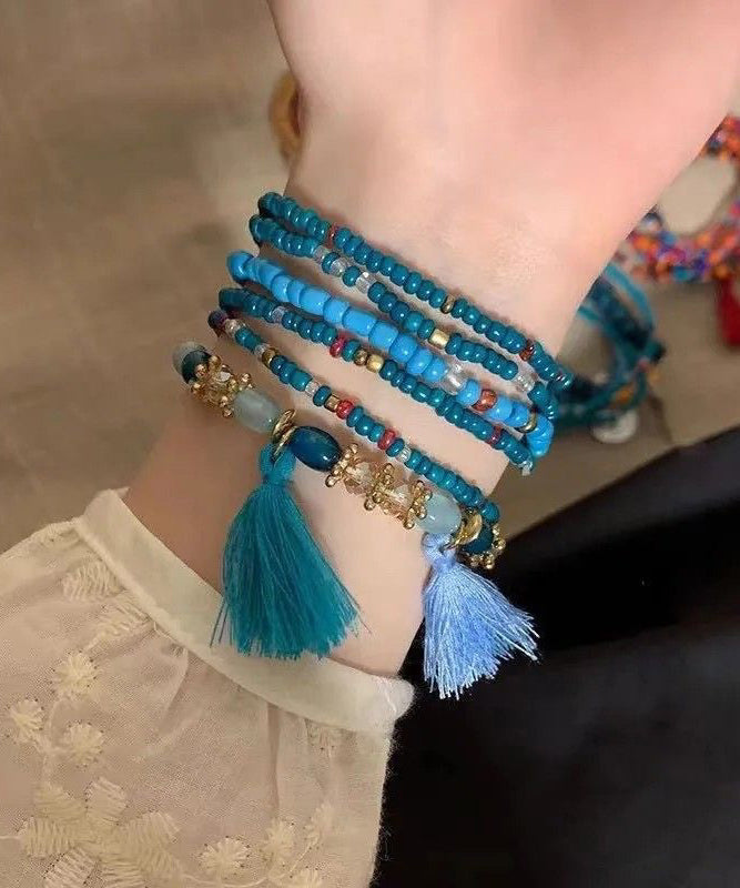 Boho Blue Hand Woven Multilayer Beading Tassel Charm Bracelet