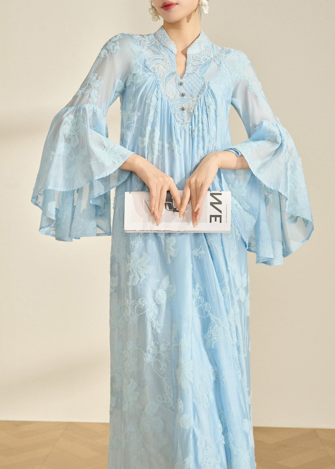 Boho Blue Mandarin Collar Embroidered Cotton Party Dress Flare Sleeve