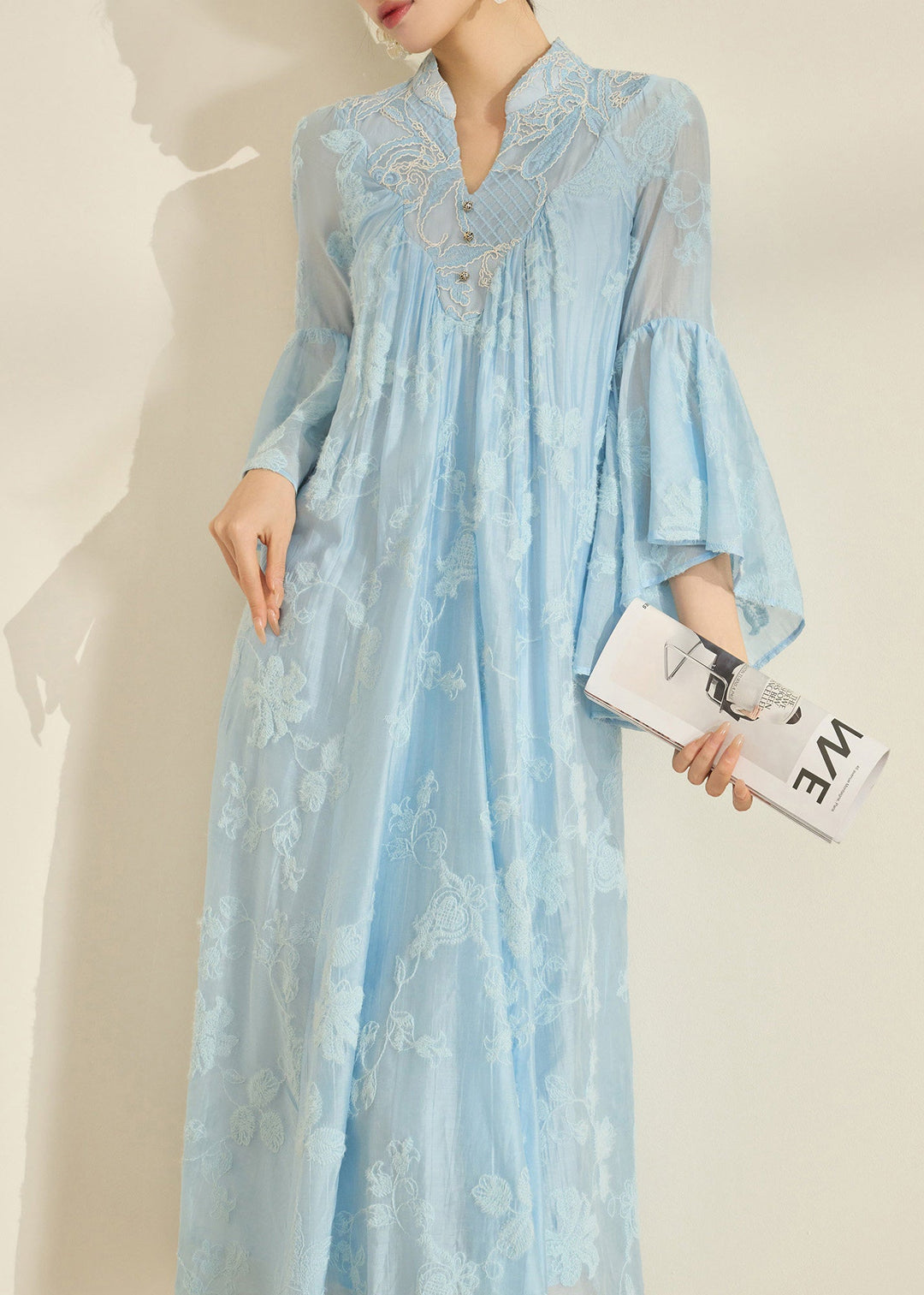 Boho Blue Mandarin Collar Embroidered Cotton Party Dress Flare Sleeve