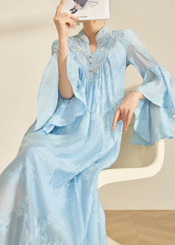 Boho Blue Mandarin Collar Embroidered Cotton Party Dress Flare Sleeve