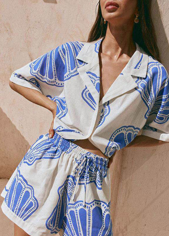 Boho Blue Notched Print Shirts And Shorts Pajama Set