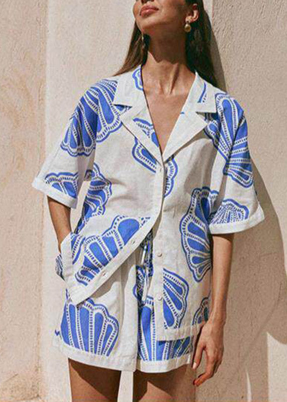 Boho Blue Notched Print Shirts And Shorts Pajama Set