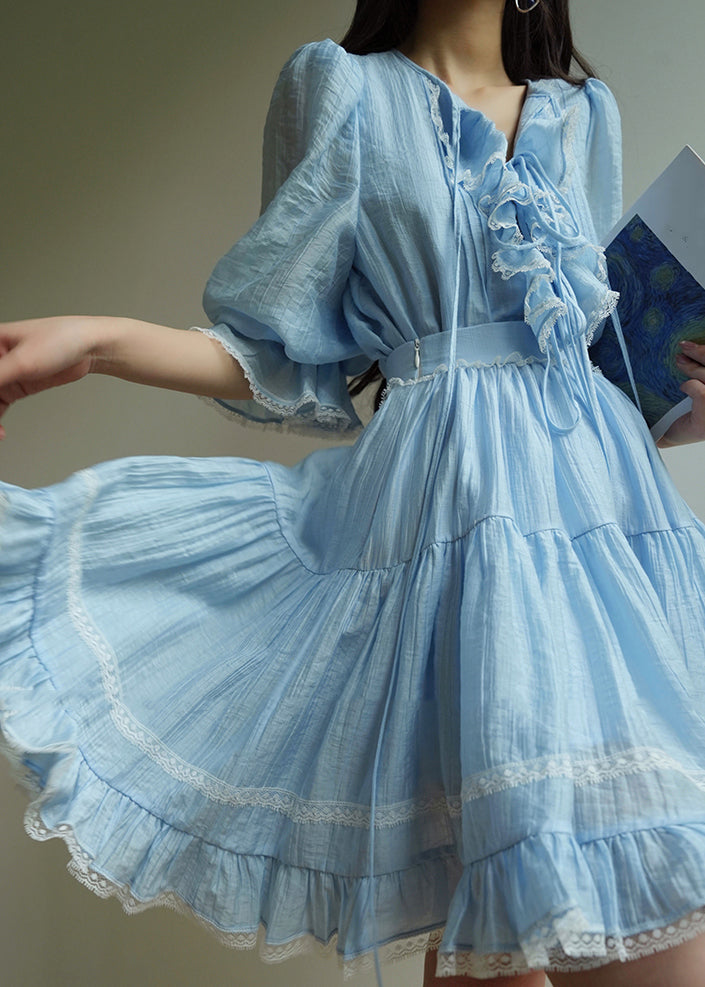 Boho Blue O-Neck Lace Patchwork Silk Cotton Top And Skirts Two Pieces Set Summer