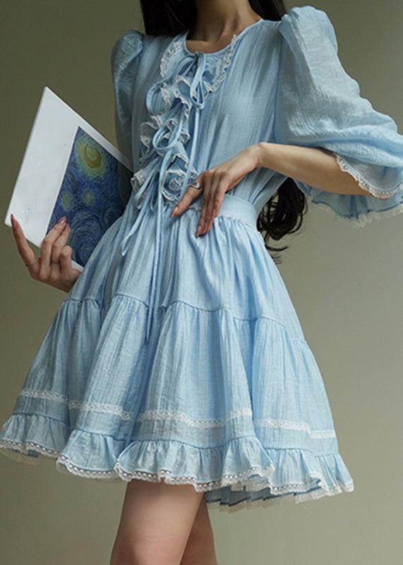 Boho Blue O-Neck Lace Patchwork Silk Cotton Top And Skirts Two Pieces Set Summer