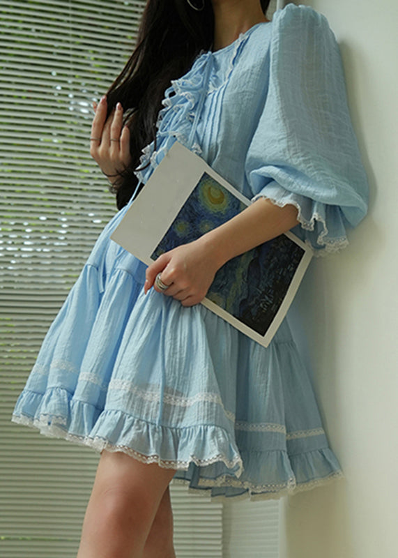 Boho Blue O-Neck Lace Patchwork Silk Cotton Top And Skirts Two Pieces Set Summer
