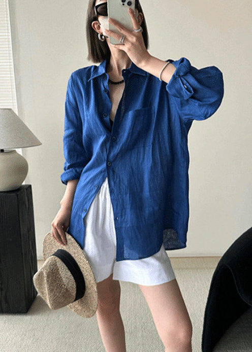 Boho Blue Oversized Cotton UPF 50+ Shirt Spring