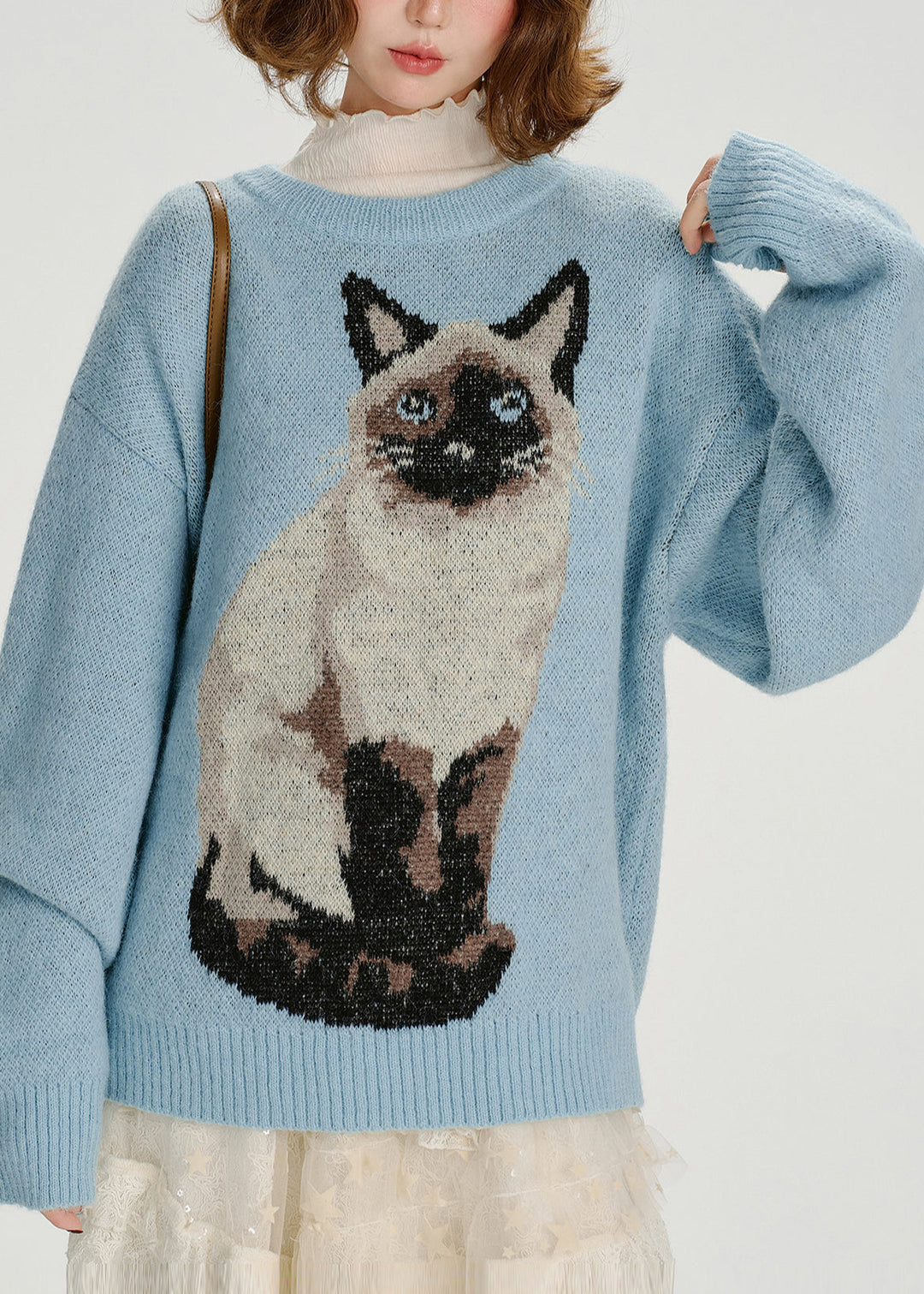 Boho Blue Oversized Dog Jacquard Knit Sweater Tops Winter