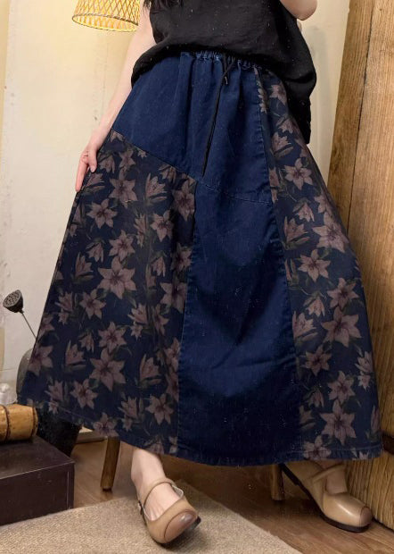 Boho Blue Oversized Patchwork Denim A Line Skirt Summer