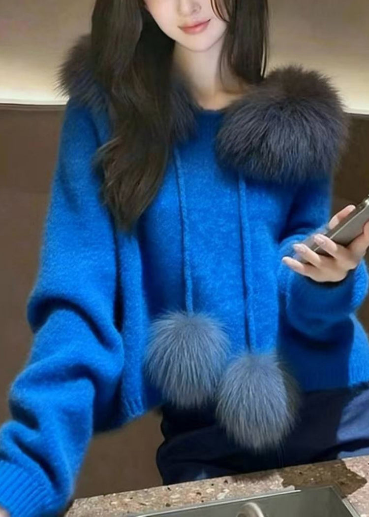 Boho Blue Oversized Patchwork Fuzzy Ball Decorated Knit Pullover Spring - Omychic