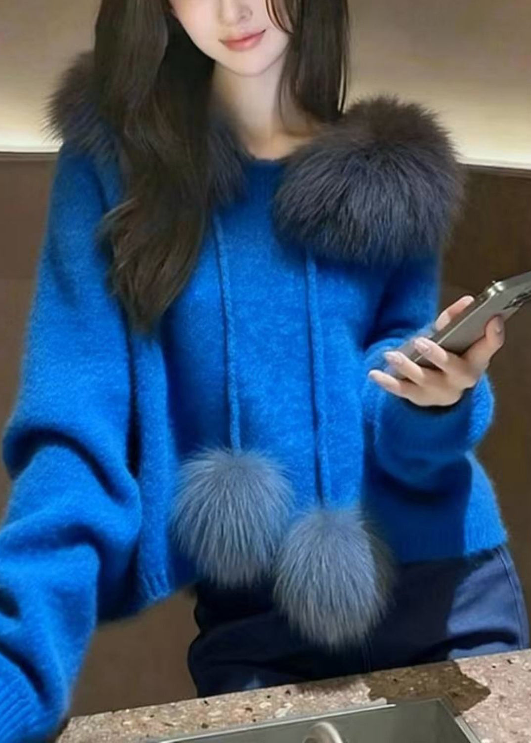 Boho Blue Oversized Patchwork Fuzzy Ball Decorated Knit Pullover Spring - Omychic