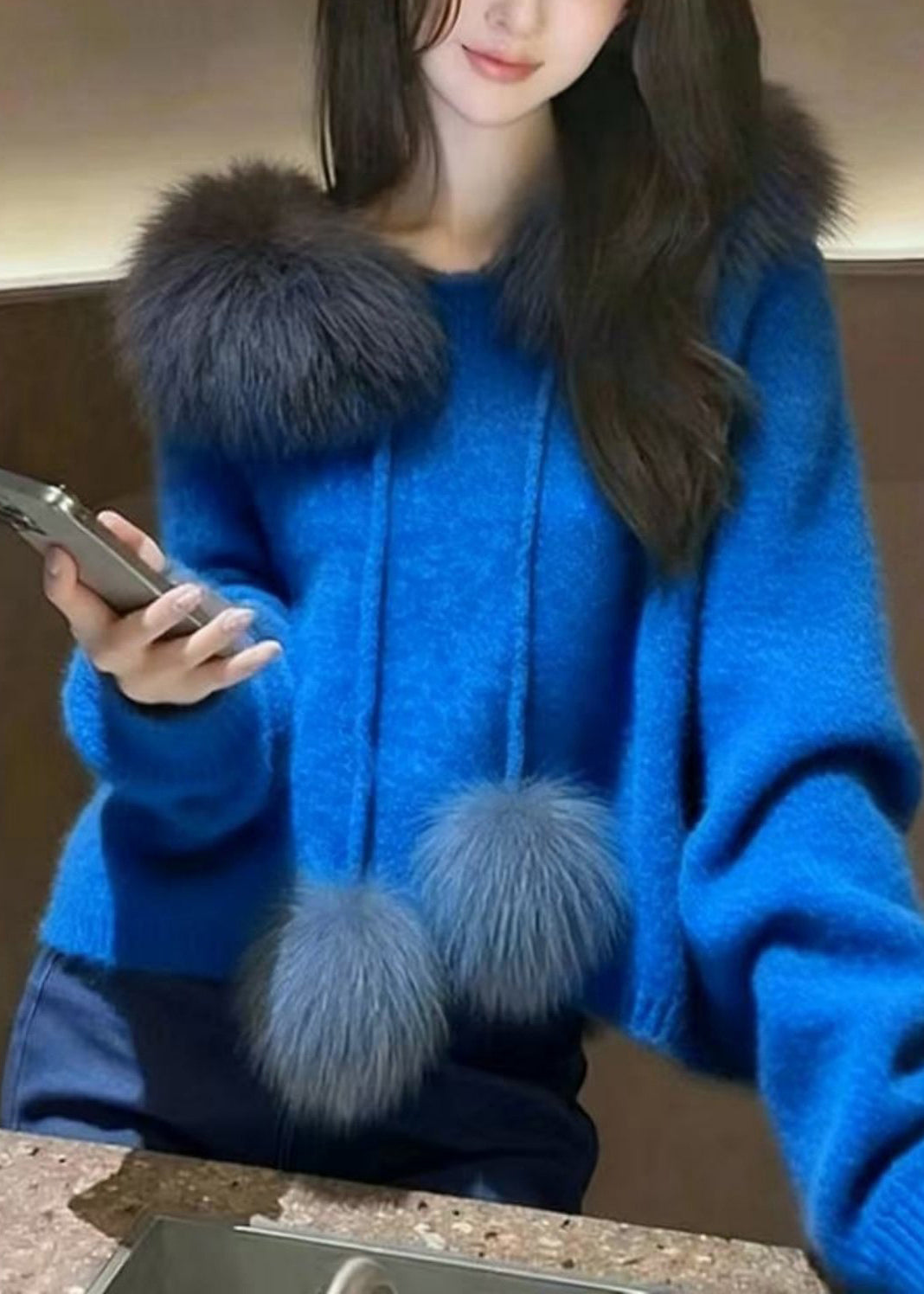 Boho Blue Oversized Patchwork Fuzzy Ball Decorated Knit Pullover Spring - Omychic