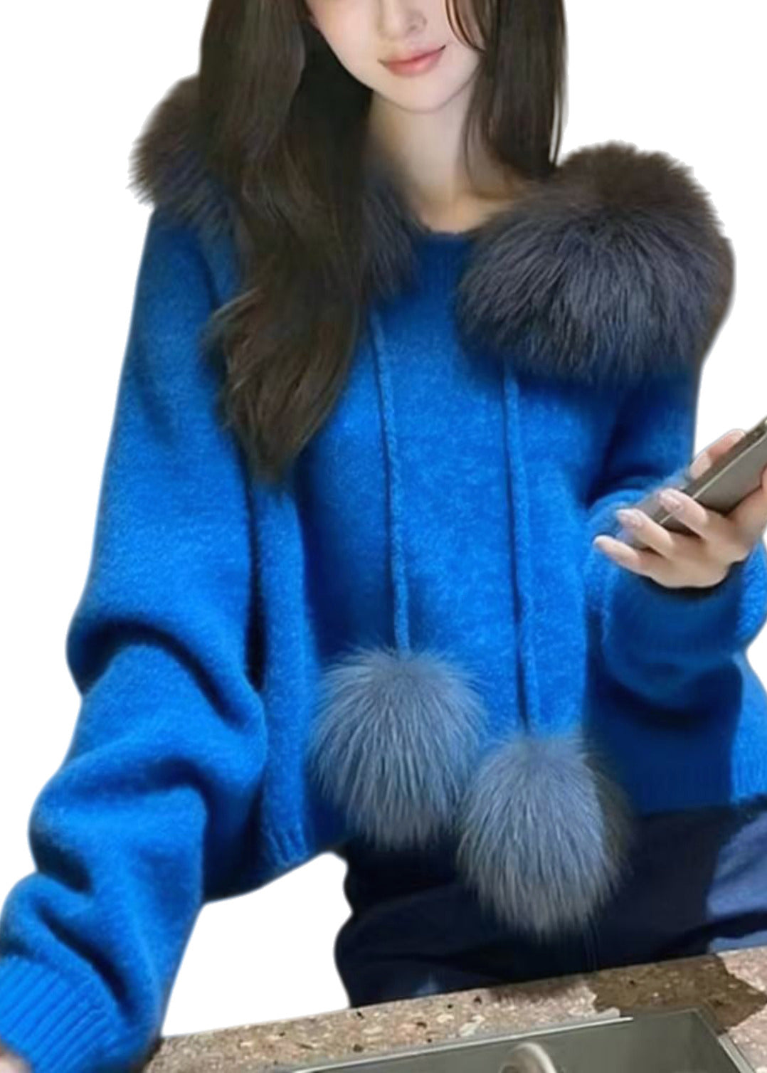 Boho Blue Oversized Patchwork Fuzzy Ball Decorated Knit Pullover Spring - Omychic