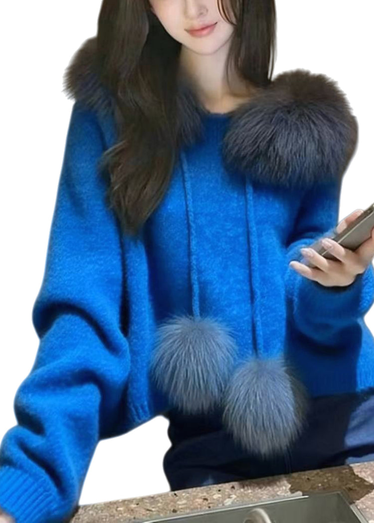 Boho Blue Oversized Patchwork Fuzzy Ball Decorated Knit Pullover Spring - Omychic