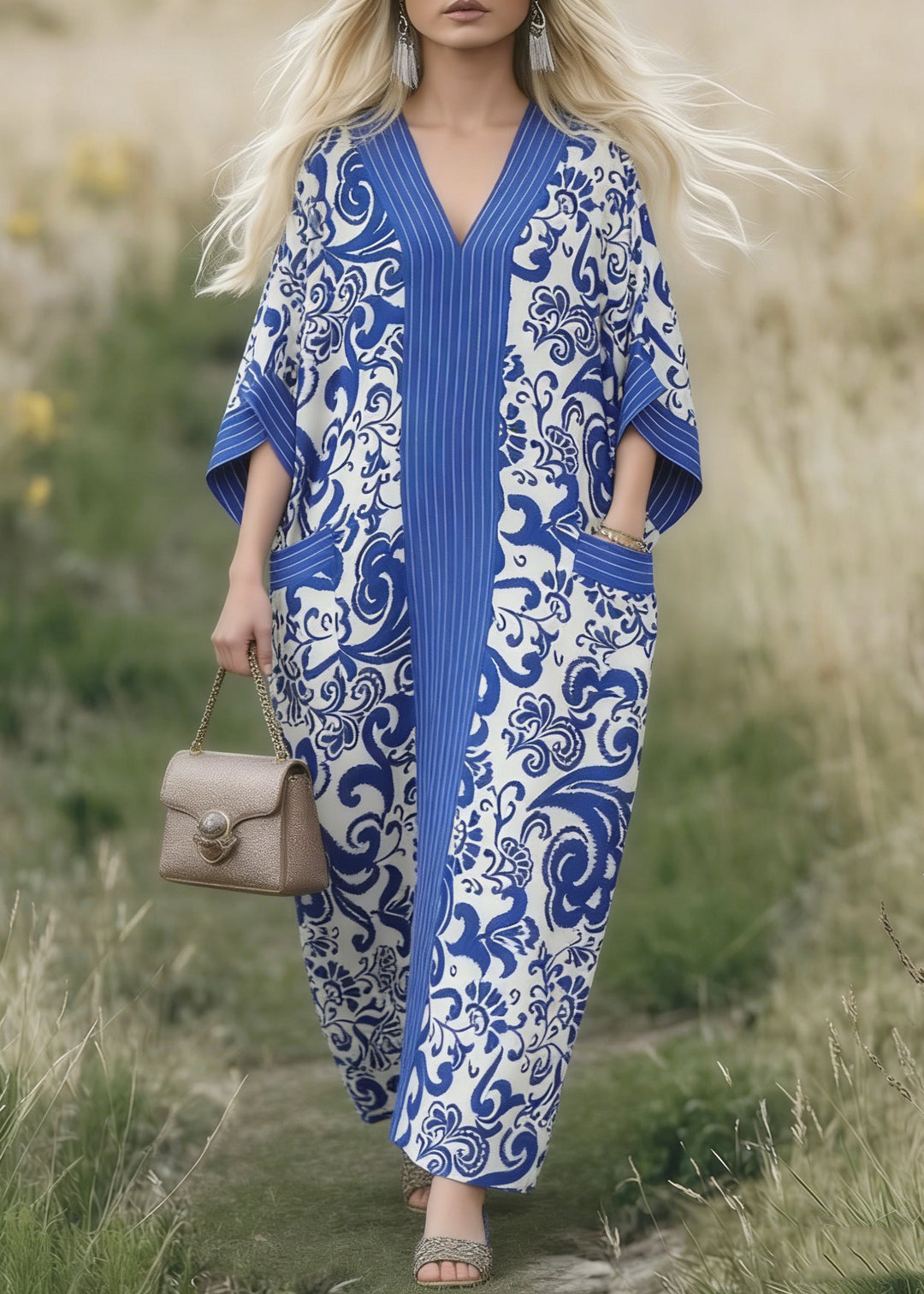 Boho Blue Oversized Print Cotton Maxi Dresses Spring