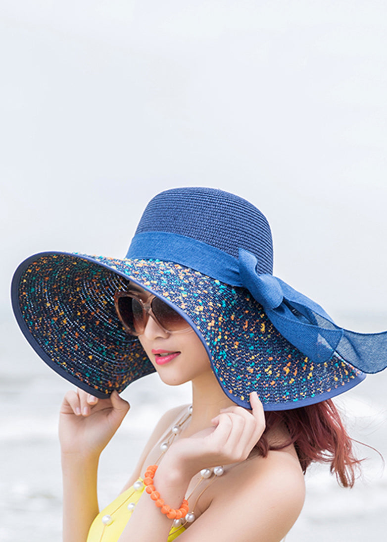 Boho Blue Print Tulle Bow Straw Woven Floppy Sun Hat