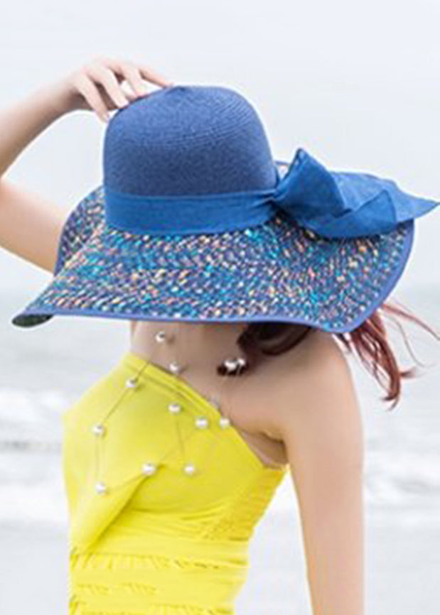 Boho Blue Print Tulle Bow Straw Woven Floppy Sun Hat