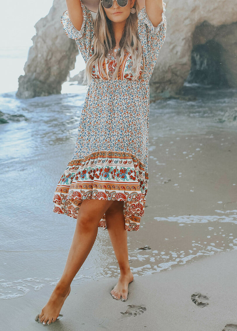 Boho Blue Print V Neck Chiffon Dress Half Sleeve