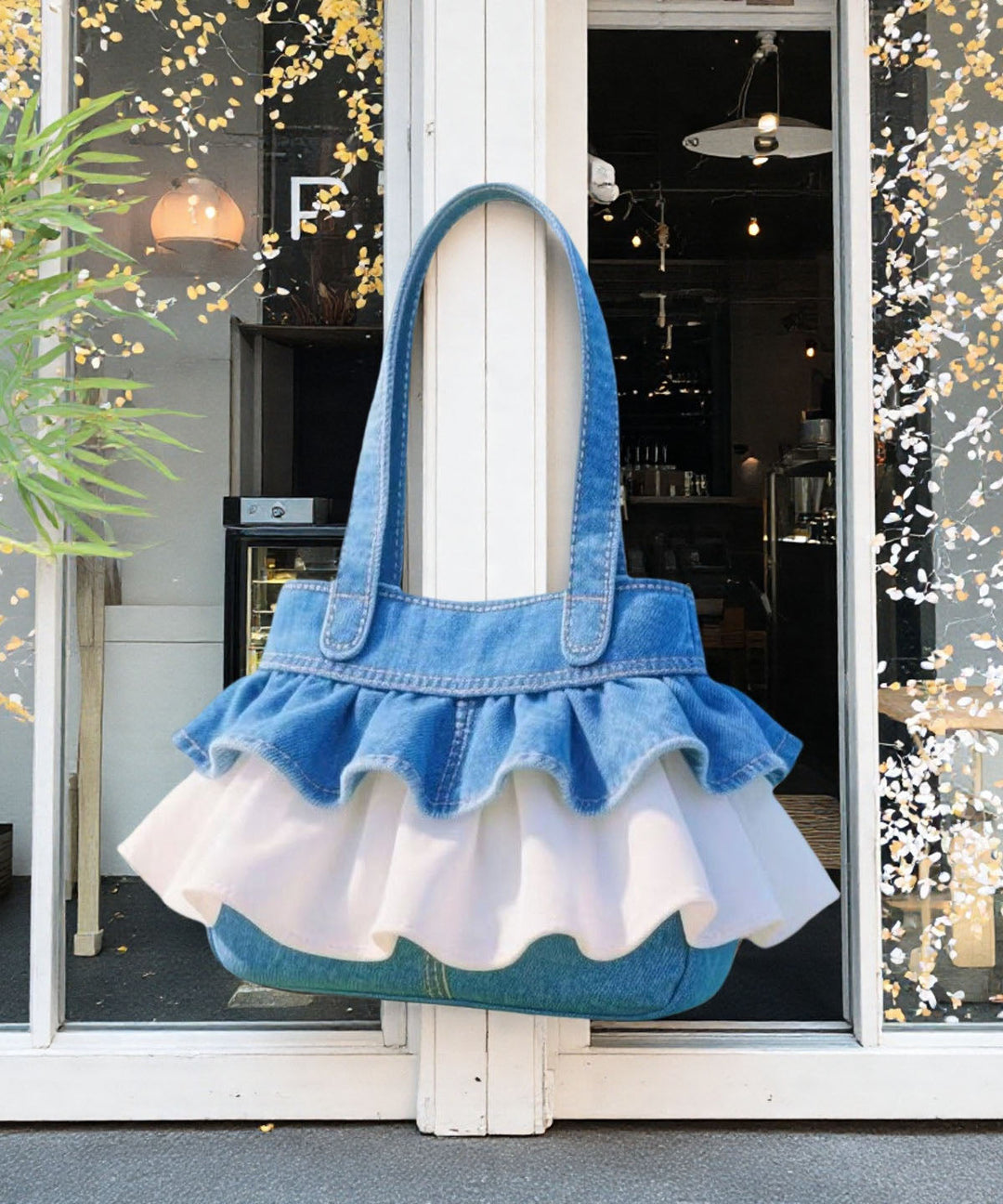 Boho Blue Ruffled Patchwork Lace Denim Women Handbags