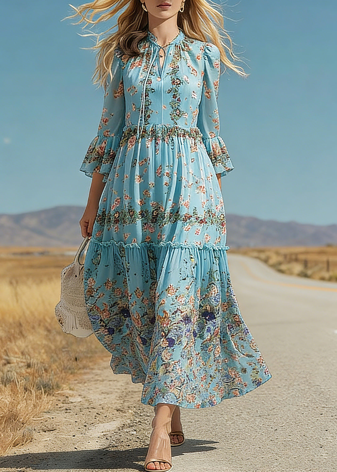 Boho Blue Ruffled Patchwork Print Silk Maxi Dress Flare Sleeve