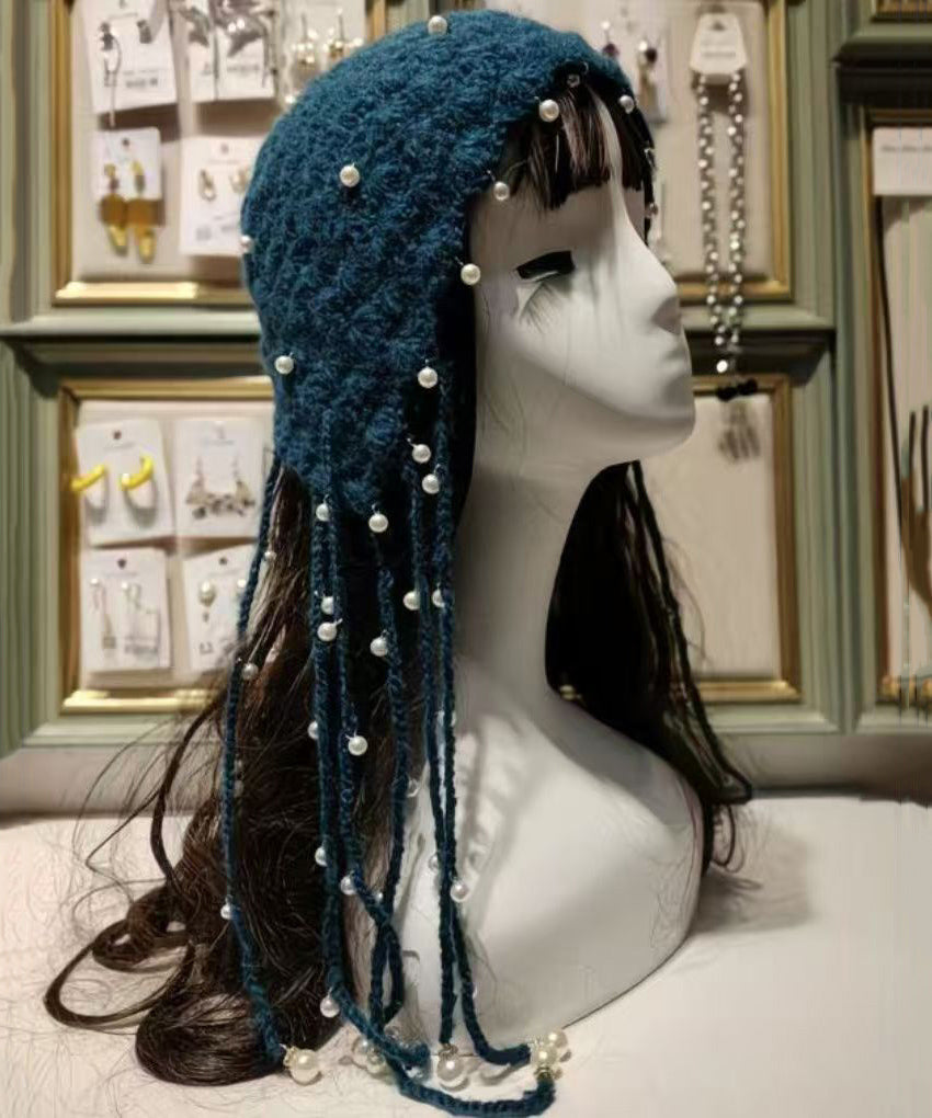 Boho Blue Tassel Nail Bead Knit Bonnie Hat