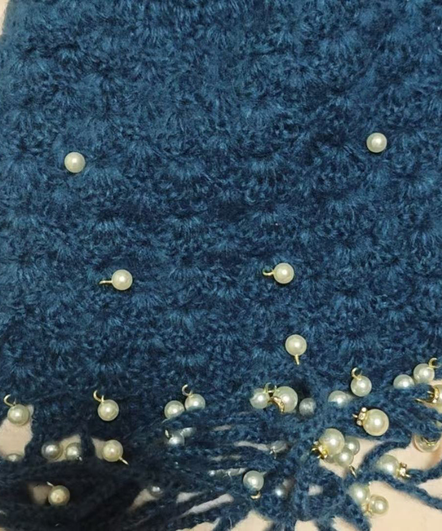 Boho Blue Tassel Nail Bead Knit Bonnie Hat