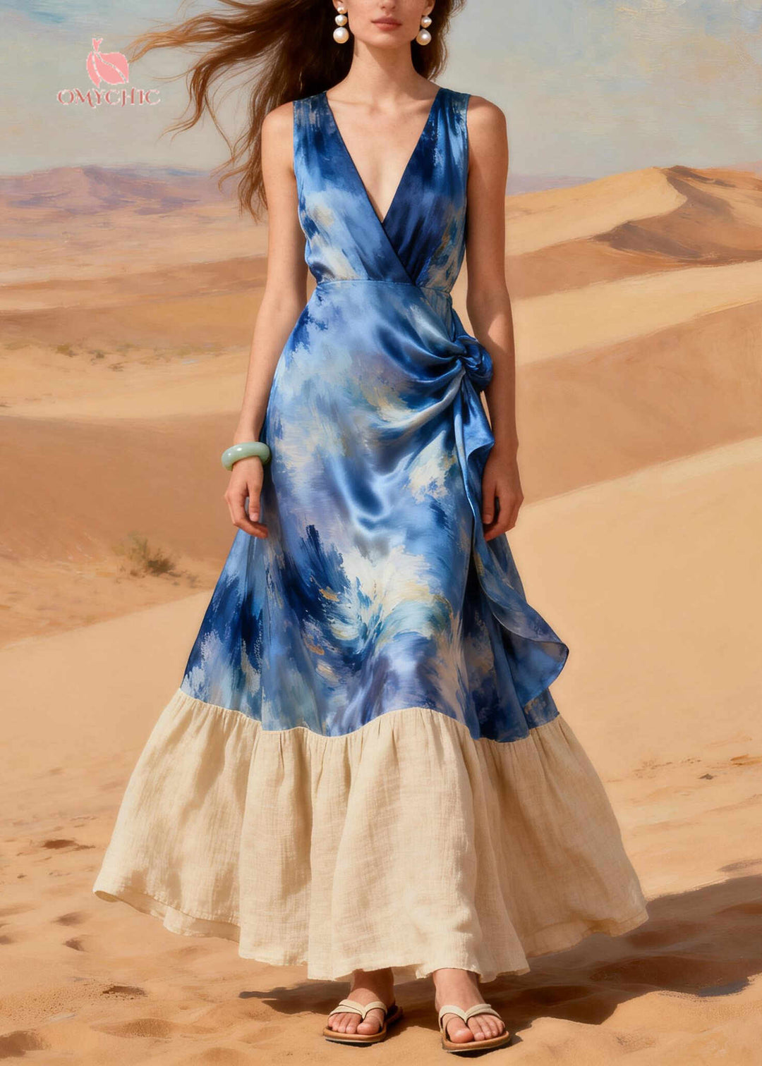 Boho Blue Tie Dye Patchwork Silk Holiday Dress Summer