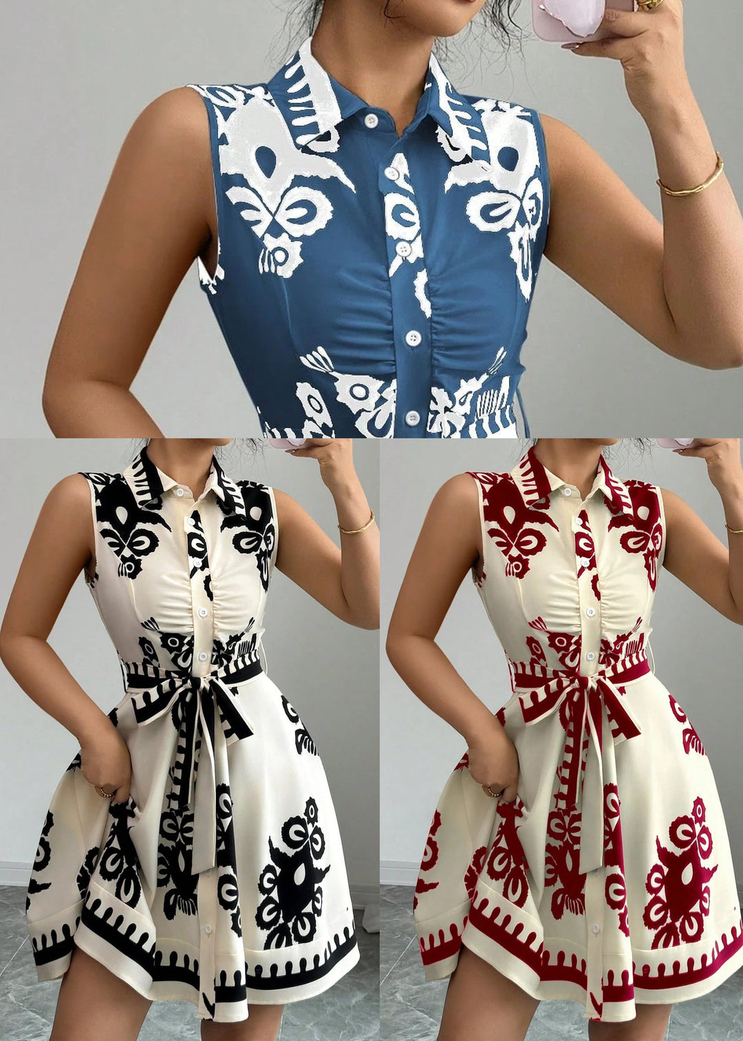 Boho Blue Tie Waist Print Cotton Shirt Dress Summer